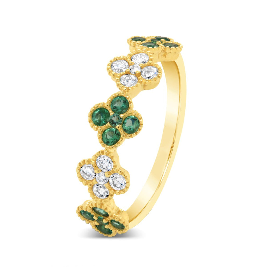 Diamond & Emerald Flower Band with Milgrain Details - RN5424Y14E1