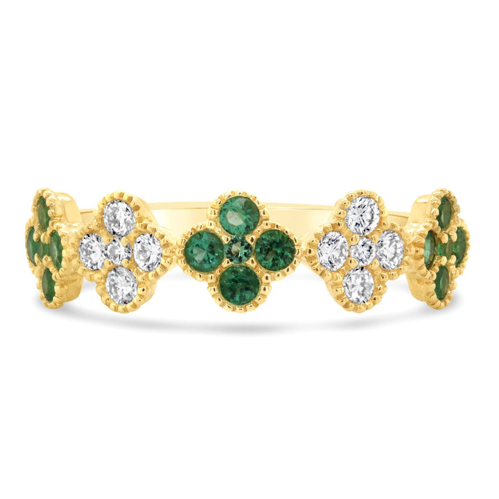 Diamond & Emerald Flower Band with Milgrain Details - RN5424Y14E1