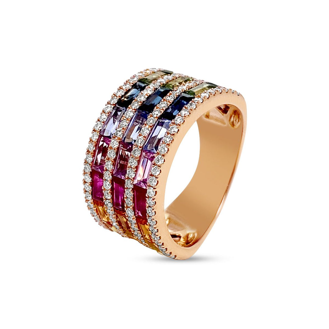 Multi-colored Sapphire Baguettes & Diamond Wide Band - KR1070