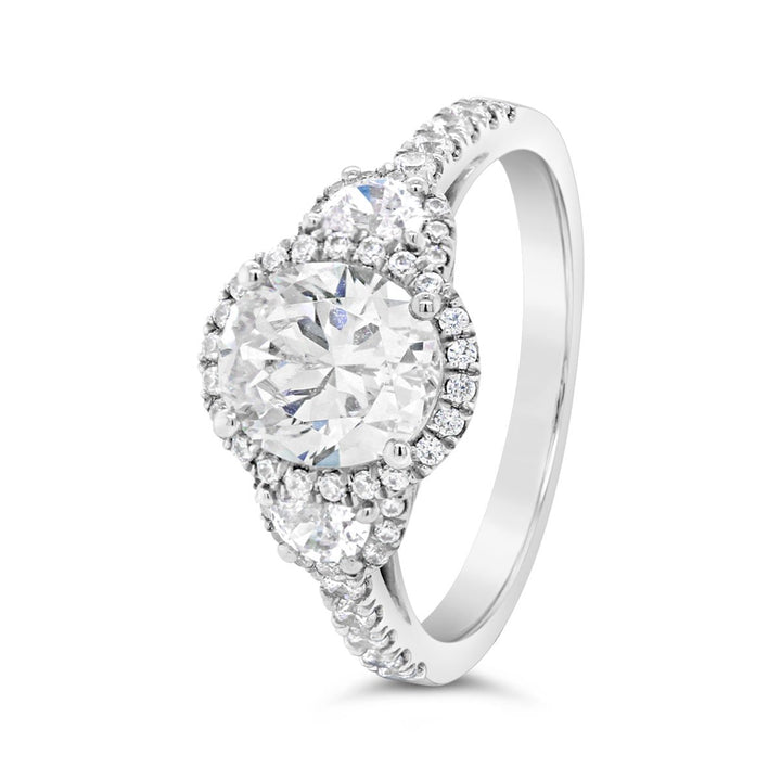 Three Stone Oval Halo Diamond Engagement Ring - YJM9344R